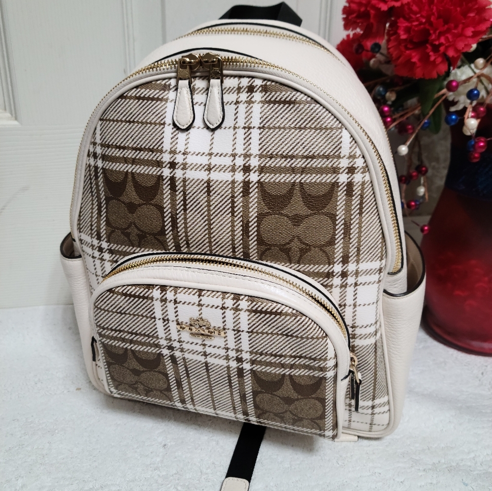 Coach White and Brown Signature Plaid Mini Backpack